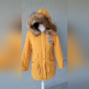 Faux Fur Lined Jacket Mustard Yellow, Hooded, Full Zip